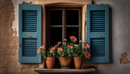 Obraz na płótnie Canvas flower pots blossom at window balcony space, vintage peaceful spring time, Generative Ai