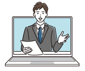 パソコンから飛び出す　臨場感　書類を持ち、話をするビジネスマン