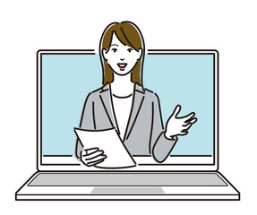 パソコンから飛び出す　臨場感　書類を持ち、話をする女性ビジネスパーソン