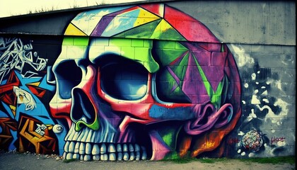 skull graffiti wall abstract background, Generative Ai not real photo, idea for artistic pop art background backdrop