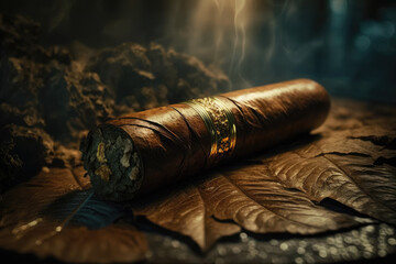 Close-up Cuban cigar with smoke. Generative AI