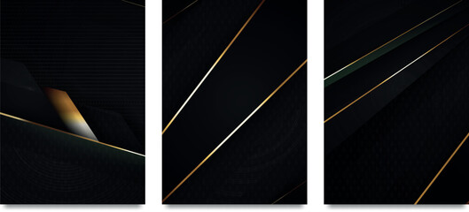 Luxury abstract background with golden stripes lines and circle on dark black gray, modern black backdrop concept 3d style bundle set. Illustration from vector about modern template deluxe design