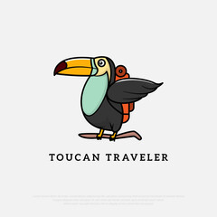Toucan Traveler logo design vector. The creative concept of traveling. cute birds cartoon vector flat style illustration