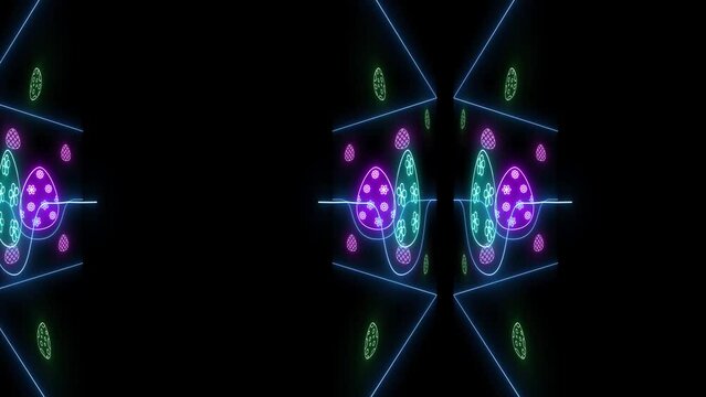 happy easter holiday in neon lights drawing lines style modern retro look on black background video kaleidoscope