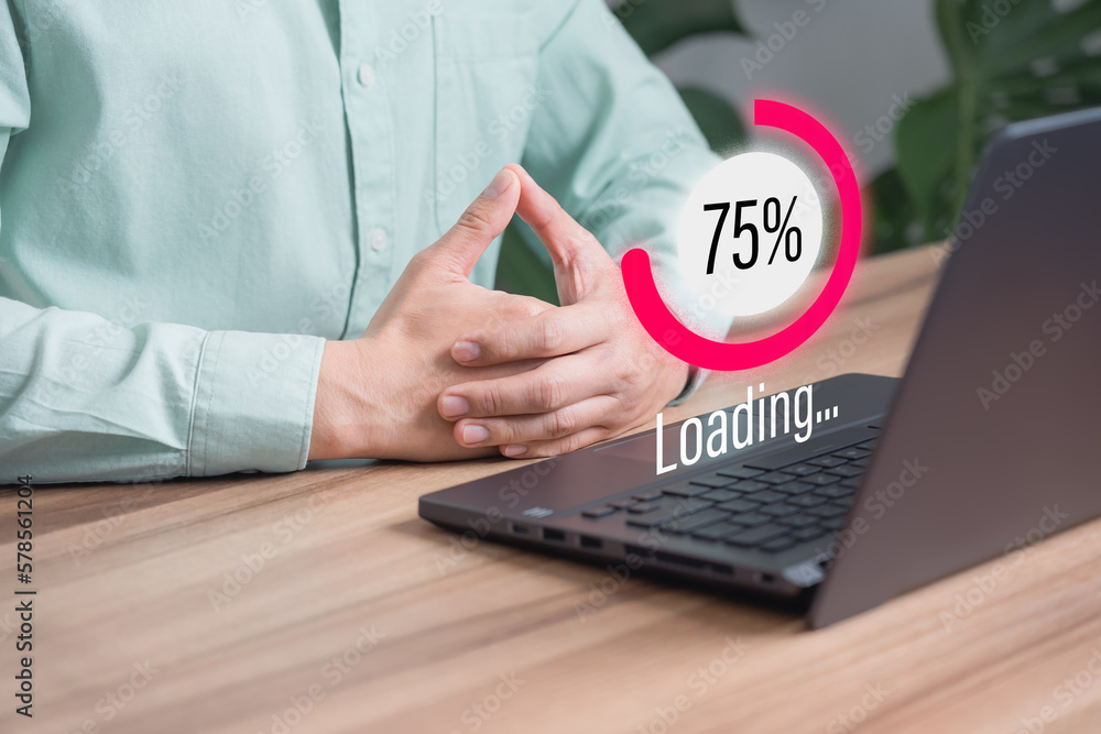 Poster Adult man using a laptop computer for download software and waiting to loading digital business data form website, very slow internet form wifi. Concept of waiting for load of loading symbol.
