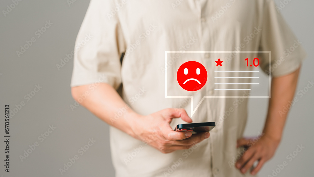 Aufkleber man client with angry emotion face on virtual screen. assessment testimonial review for dislike serv