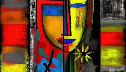 artistic illustration of abstract surreal face in colorful them idea for funky modern background wallpaper Generative Ai	
