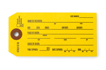 Yellow Dead Body Identification Tag used by attaching to toe Isolated on white background with transparent shadow.