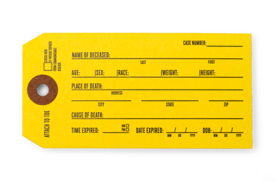 Yellow Dead Body Identification Tag used by attaching to toe Isolated on white background with transparent shadow.