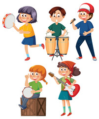Set of cartoon kids character with music instruments