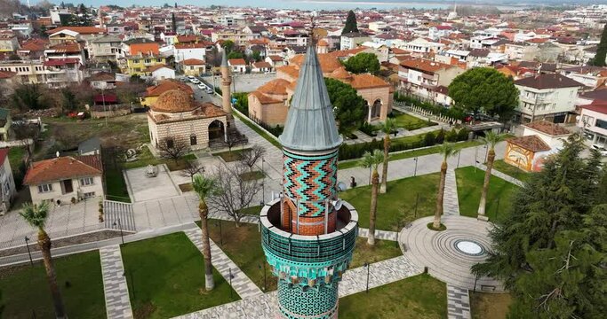Famous Ancient Green Mosque Minaret In Iznik City, Bursa, Turkey. Aerial Rotating