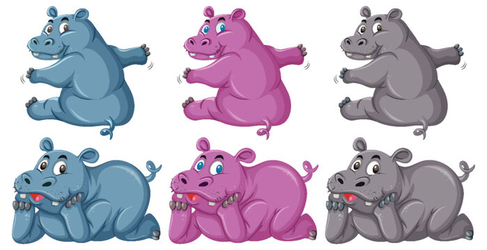 Set of cute hippopotamus cartoon character in different pose