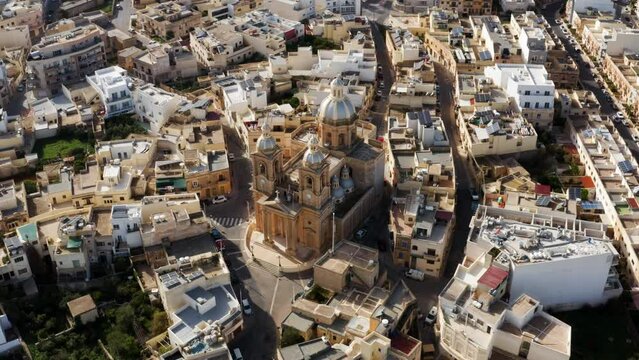 Aerial View Over St. Mary's Parish Church In Dingli Village, Malta - drone shot