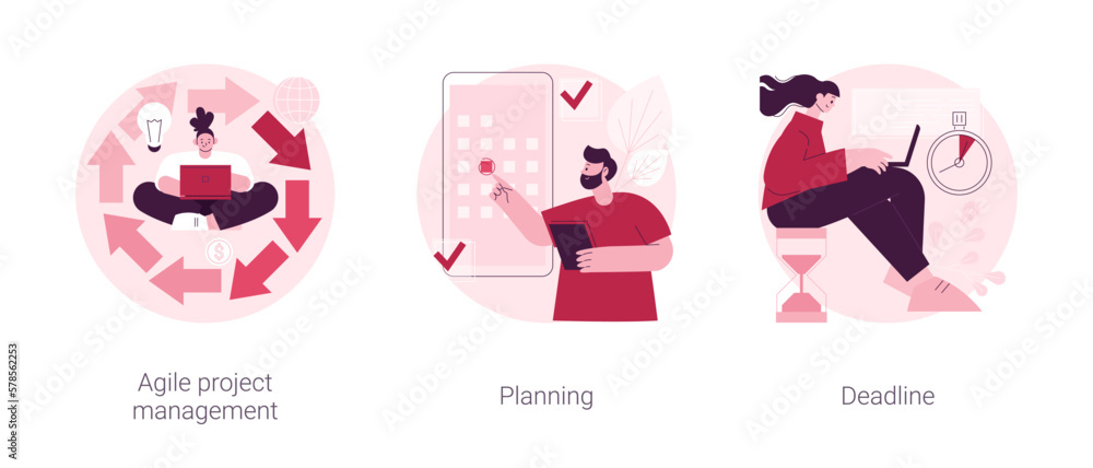 Poster it project delivery abstract concept vector illustration set. agile project management, planning and