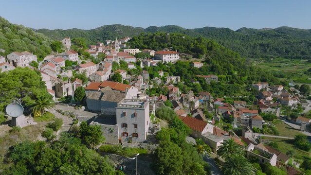 Aerial View Over Lastovo Old Town In Croatia - drone shot