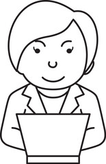 パソコンの前の笑顔のビジネスマン-女性-線画