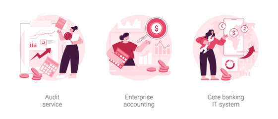 Business finance abstract concept vector illustration set. Audit service, enterprise accounting, core banking IT system, consulting company, financial transaction, clients deposit abstract metaphor.