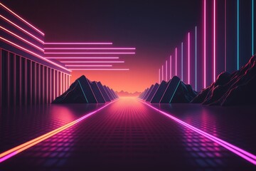 Futuristic corridor with glowing neon lights. Generative AI