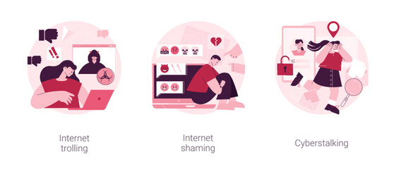 Social media aggressive behavior abstract concept vector illustration set. Internet trolling, digital shaming, cyberstalking, internet harassment, mental abuse, cyber crime abstract metaphor.