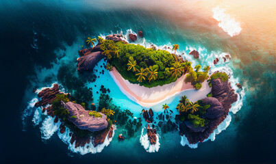 Overhead view of tropical island with blue water. Generative AI, AI