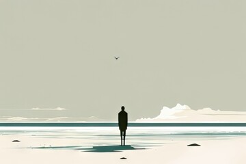An image of a person standing alone on a beach gazing out at the horizon expressing a yearning for something more. Art painting.. AI generation.