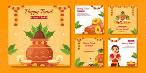 Fototapeta premium Happy Tamil New Year Social Media Post Flat Cartoon Hand Drawn Templates Background Illustration