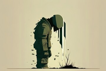 A defeated soldier standing alone his head hung in sorrow. Art painting.. AI generation.