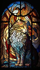 Artistic Beautiful Desginer Handcrafted Stained Glass Artwork of a American Curl cat Animal in Art Nouveau Style with Vibrant and Bright Colors, Illuminated from Behind (generative AI)