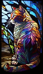 Artistic Beautiful Desginer Handcrafted Stained Glass Artwork of a American Shorthair cat Animal in Art Nouveau Style with Vibrant and Bright Colors, Illuminated from Behind (generative AI)