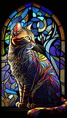 Artistic Beautiful Desginer Handcrafted Stained Glass Artwork of a American Wirehair cat Animal in Art Nouveau Style with Vibrant and Bright Colors, Illuminated from Behind (generative AI)