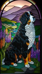 Artistic Beautiful Desginer Handcrafted Stained Glass Artwork of a Bernese Mountain Dog dog Animal in Art Nouveau Style with Vibrant and Bright Colors, Illuminated from Behind (generative AI)
