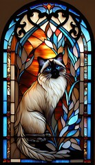 Artistic Beautiful Desginer Handcrafted Stained Glass Artwork of a Birman cat Animal in Art Nouveau Style with Vibrant and Bright Colors, Illuminated from Behind (generative AI)
