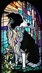 Artistic Beautiful Desginer Handcrafted Stained Glass Artwork of a Border Collie dog Animal in Art Nouveau Style with Vibrant and Bright Colors, Illuminated from Behind (generative AI)