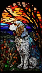 Artistic Beautiful Desginer Handcrafted Stained Glass Artwork of a English Setter dog Animal in Art Nouveau Style with Vibrant and Bright Colors, Illuminated from Behind (generative AI)