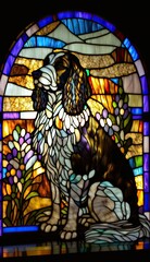 Artistic Beautiful Desginer Handcrafted Stained Glass Artwork of a English Springer Spaniel dog Animal in Art Nouveau Style with Vibrant and Bright Colors, Illuminated from Behind (generative AI)