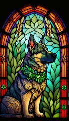 Artistic Beautiful Desginer Handcrafted Stained Glass Artwork of a German Shepherd dog Animal in Art Nouveau Style with Vibrant and Bright Colors, Illuminated from Behind (generative AI)