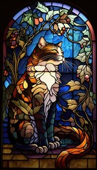 Artistic Beautiful Desginer Handcrafted Stained Glass Artwork of a Minuet cat Animal in Art Nouveau Style with Vibrant and Bright Colors, Illuminated from Behind (generative AI)