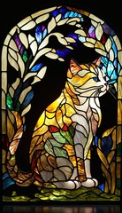 Artistic Beautiful Desginer Handcrafted Stained Glass Artwork of a Munchkin cat Animal in Art Nouveau Style with Vibrant and Bright Colors, Illuminated from Behind (generative AI)