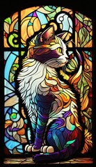 Artistic Beautiful Desginer Handcrafted Stained Glass Artwork of a Munchkin cat Animal in Art Nouveau Style with Vibrant and Bright Colors, Illuminated from Behind (generative AI)