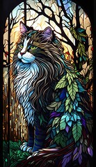 Artistic Beautiful Desginer Handcrafted Stained Glass Artwork of a Norwegian Forest Cat cat Animal in Art Nouveau Style with Vibrant and Bright Colors, Illuminated from Behind (generative AI)