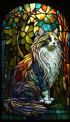 Artistic Beautiful Desginer Handcrafted Stained Glass Artwork of a Norwegian Forest Cat cat Animal in Art Nouveau Style with Vibrant and Bright Colors, Illuminated from Behind (generative AI)