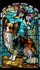Artistic Beautiful Desginer Handcrafted Stained Glass Artwork of a Papillon dog Animal in Art Nouveau Style with Vibrant and Bright Colors, Illuminated from Behind (generative AI)