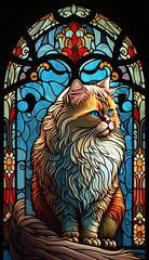 Artistic Beautiful Desginer Handcrafted Stained Glass Artwork of a Persian cat Animal in Art Nouveau Style with Vibrant and Bright Colors, Illuminated from Behind (generative AI)