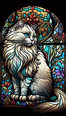Artistic Beautiful Desginer Handcrafted Stained Glass Artwork of a Ragdoll cat Animal in Art Nouveau Style with Vibrant and Bright Colors, Illuminated from Behind (generative AI)