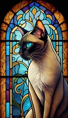 Artistic Beautiful Desginer Handcrafted Stained Glass Artwork of a Tonkinese cat Animal in Art Nouveau Style with Vibrant and Bright Colors, Illuminated from Behind (generative AI)