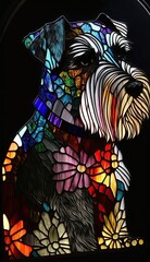 Artistic Beautiful Desginer Handcrafted Stained Glass Artwork of a Standard Schnauzer dog Animal in Art Nouveau Style with Vibrant and Bright Colors, Illuminated from Behind (generative AI)