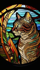 Artistic Beautiful Desginer Handcrafted Stained Glass Artwork of a Toyger cat Animal in Art Nouveau Style with Vibrant and Bright Colors, Illuminated from Behind (generative AI)