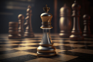 Business strategy concept with figures on chessboard on blurred and wooden table close-up. Chess business concept leader success. 3D realistic illustration. Based on Generative AI