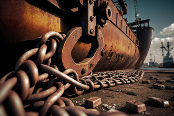 Close up of oxide old chains on sea harbor. Boarding chains. Old rusty chain industrial port with blurred background. 3D realistic illustration. Based on Generative AI