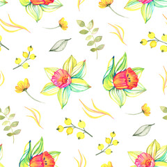 Watercolor floral botanical pattern and seamless background. Ideal for printing onto fabric and paper or scrap booking. Hand painted. Raster illustration.